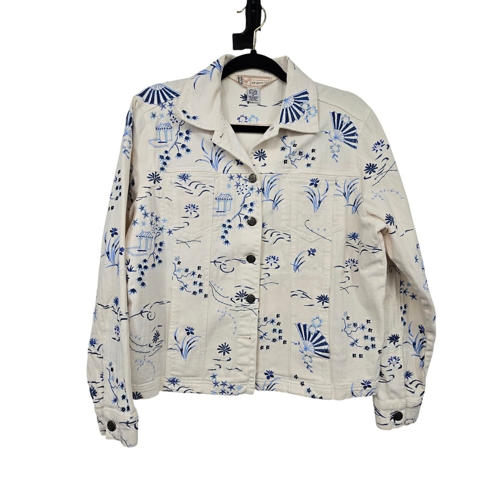 Vintage 90s Y2K Embroidery Jacket Women M Cream Blue Off White Chinoiserie Asian